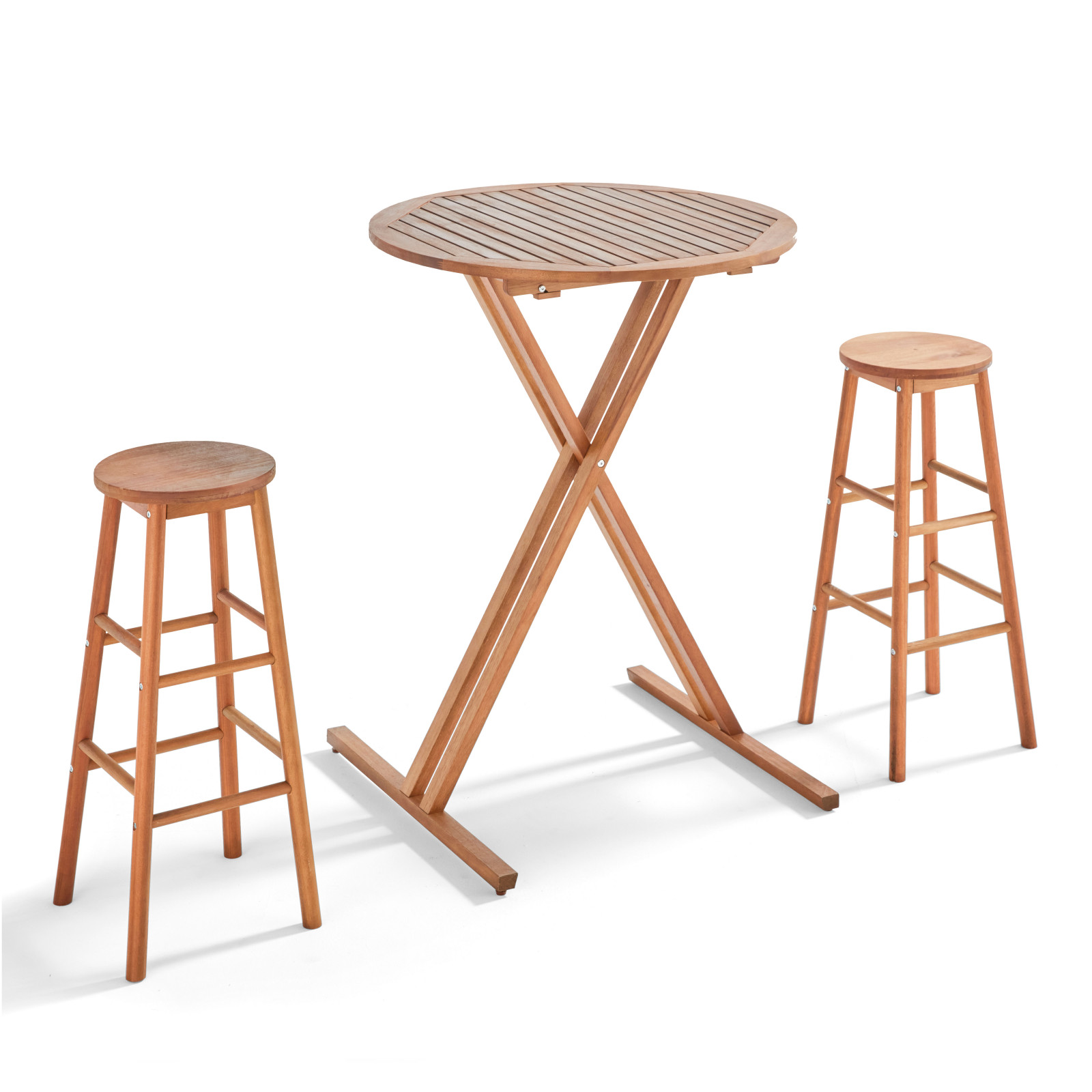 Table haute mange-debout avec 2 tabourets de bar bois acajou style
