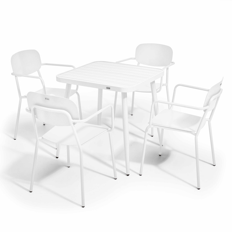 Table de jardin carré 75 x 75 cm et 4 chaises avec accoudoirs en aluminium