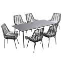 Table de jardin rectangulaire 180 x 90 cm et 6 chaises avec accoudoirs en résine tressée et acier