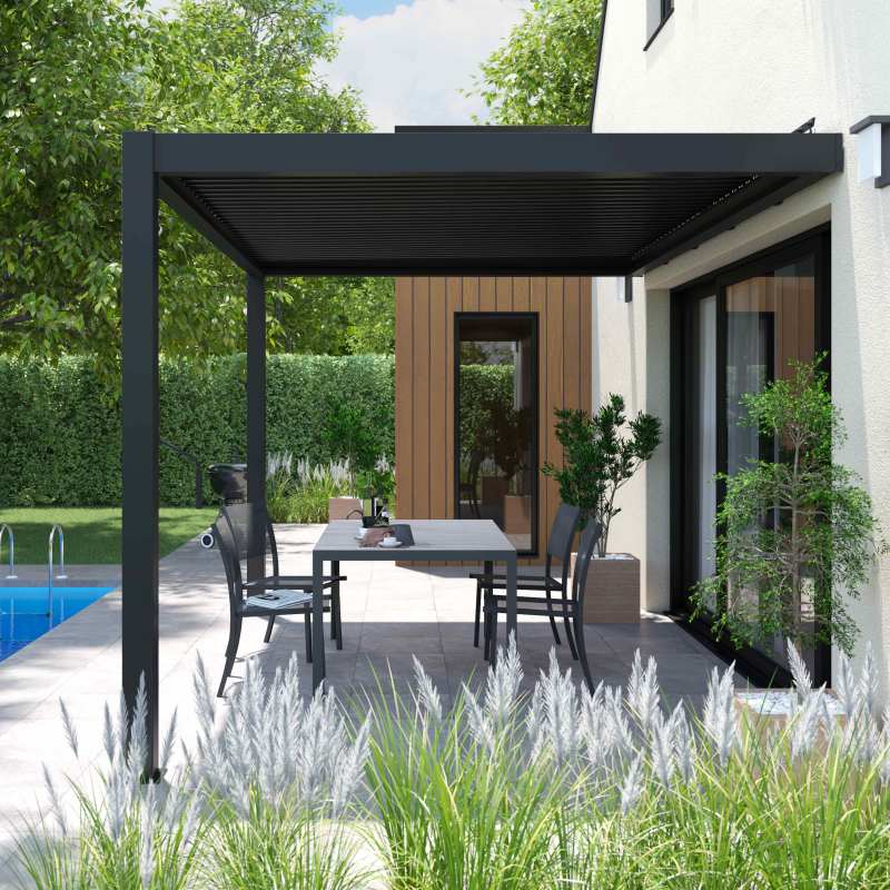 Pergola bioclimatique adossée 3x4 m en aluminium gris anthracite