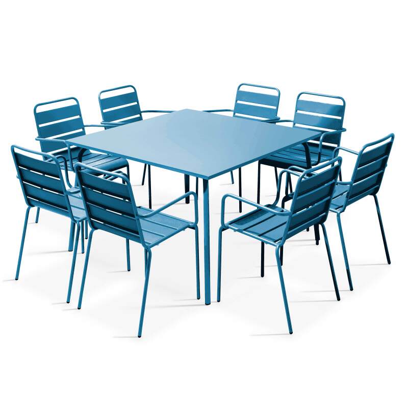 Table de jardin carrée 120 x 120 cm et 8 chaises avec accoudoirs en métal