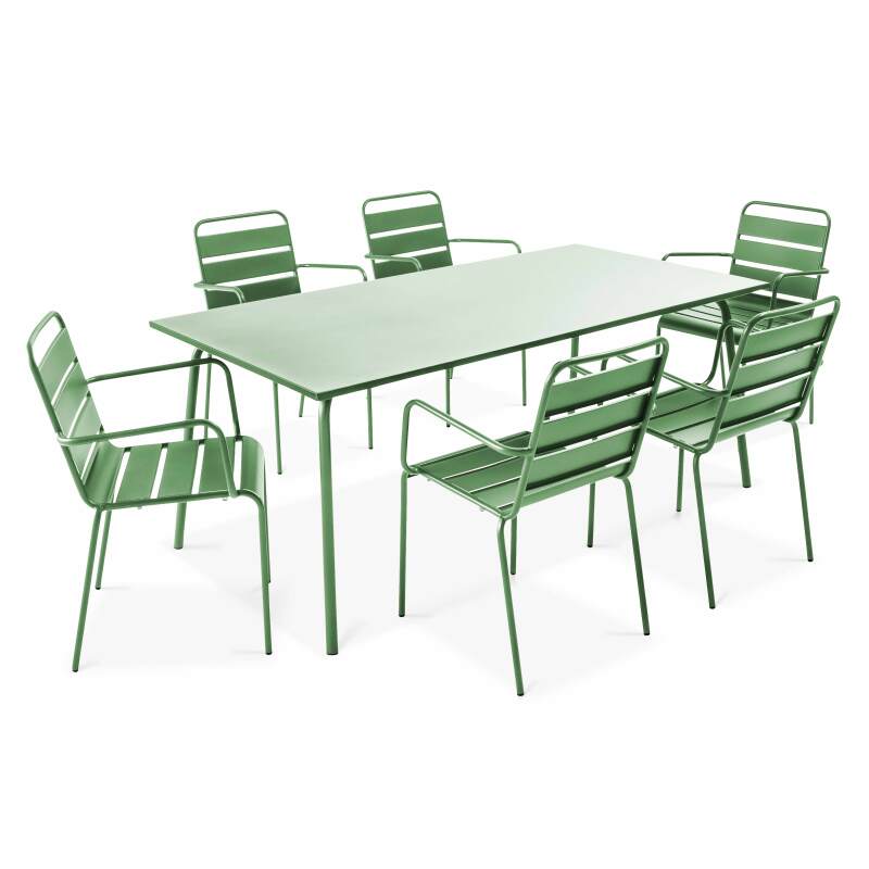 Table de jardin rectangulaire 180 x 90 cm et 6 chaises avec accoudoirs en métal