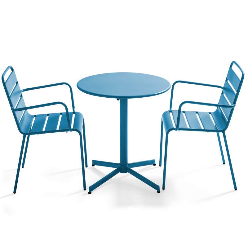 Table de jardin bistrot ronde  ⌀70 x 72 cm rabattable et 2 chaises avec accoudoirs en métal