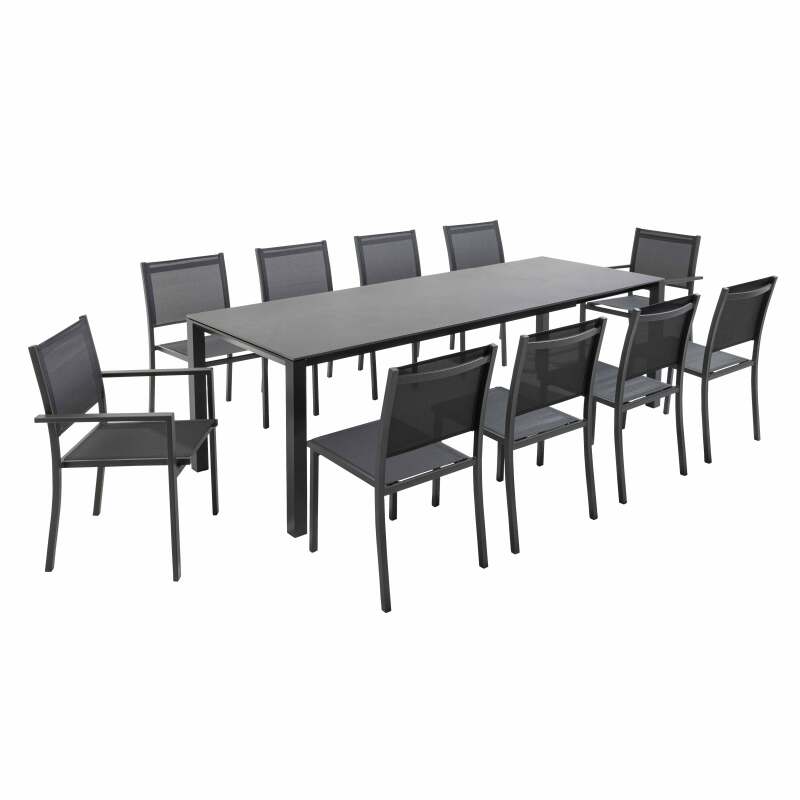 Table de jardin extensible en aluminium et pierre avec 8 chaises sans accoudoirs et 2 chaises avec accoudoirs