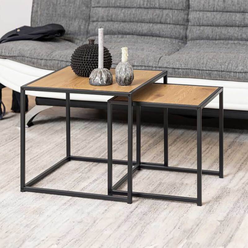 Table basse gigogne carrée en acier avec plateau effet chêne