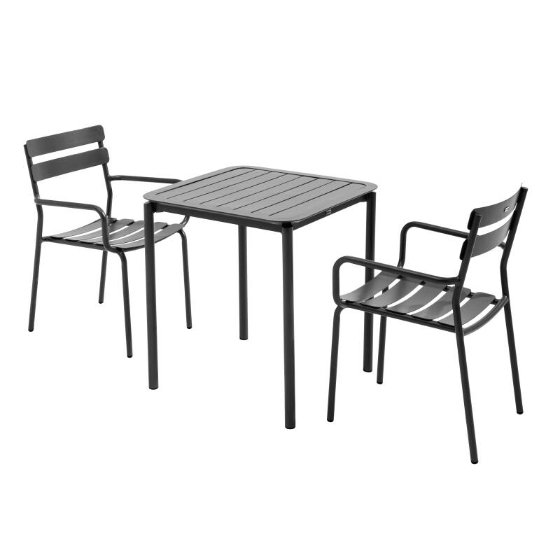 Table de terrasse carrée 70 x 70 cm et 2 chaises avec accoudoirs en aluminium