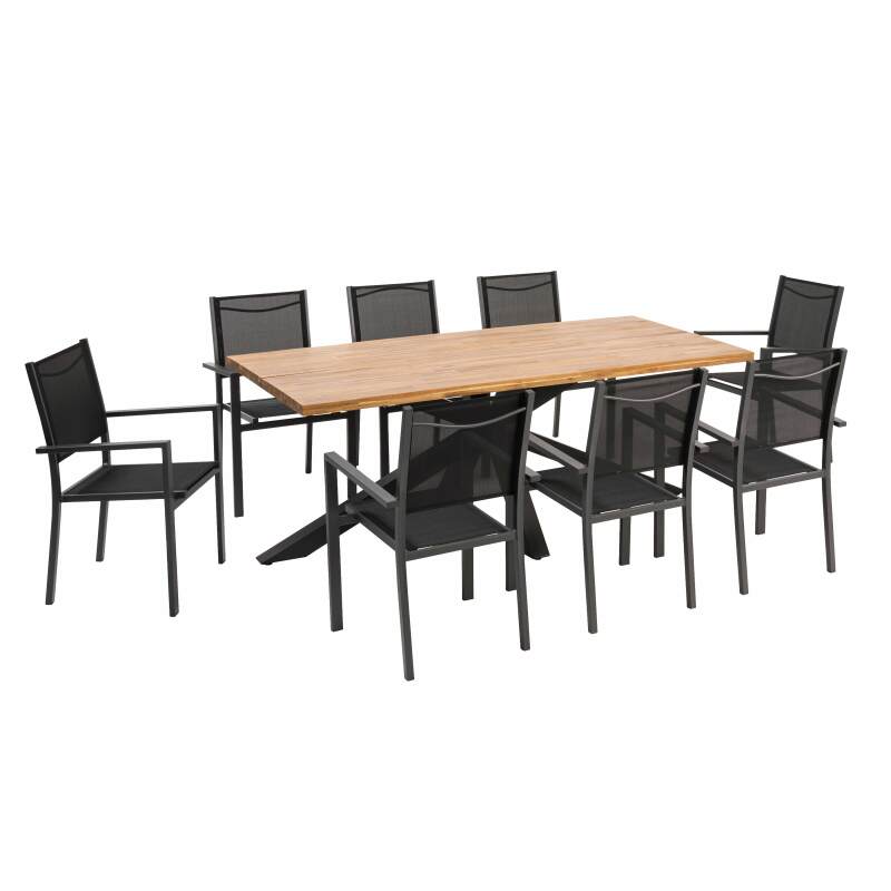 Table de jardin rectangulaire 200 x 95 cm en aluminium et bois d'acacia et 8 chaises avec accoudoirs