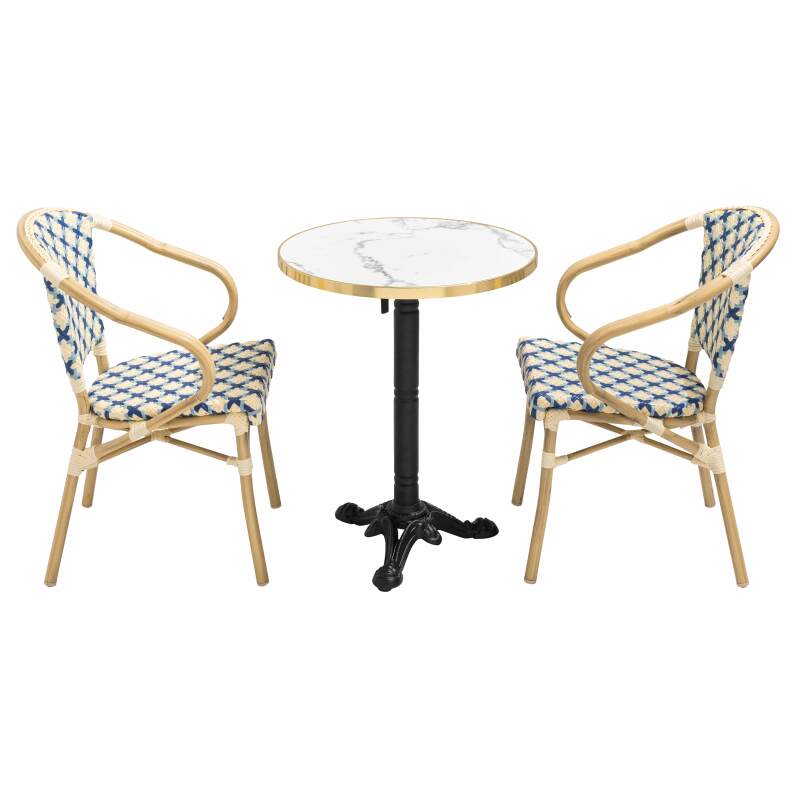 Table de terrasse en contreplaqué stratifié avec bord en aluminium ⌀60 cm et 2 chaises style bistrot parisien