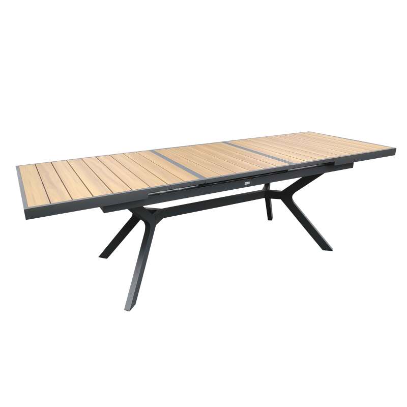 Table de jardin extensible rectangulaire (187/250 x 90 x 77 cm) en aluminium et effet bois