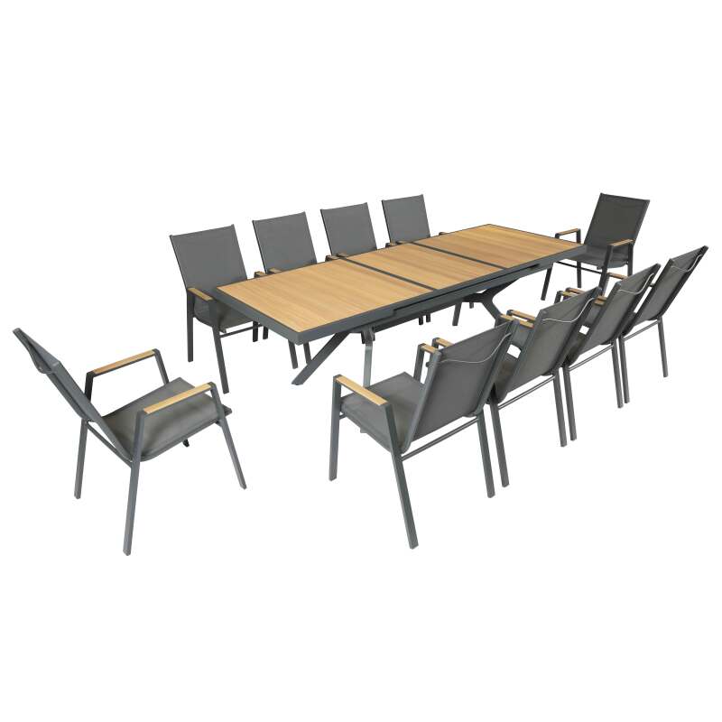 Table de jardin extensible rectangulaire 187/250 cm en aluminium et 10 chaises avec accoudoirs 