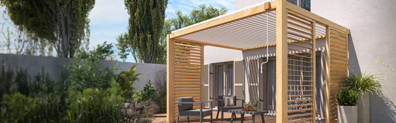 pergola bioclimatique adossée en aluminium décor bois