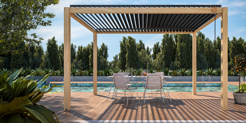 Pergola bioclimatique autoportée aluminium décor bois